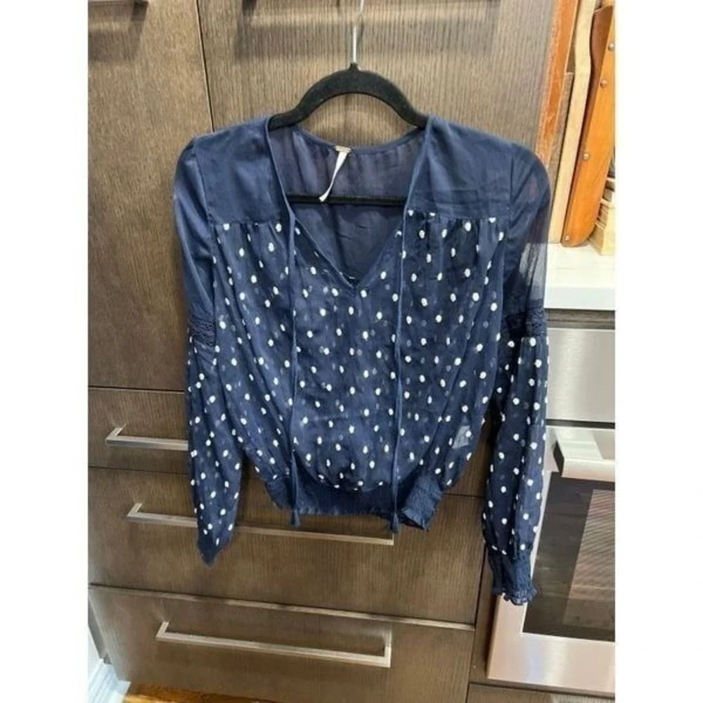 Free People Navy‎ Blue Sheer Polka Dot Embroidered Peasant Blouse Top Size S
